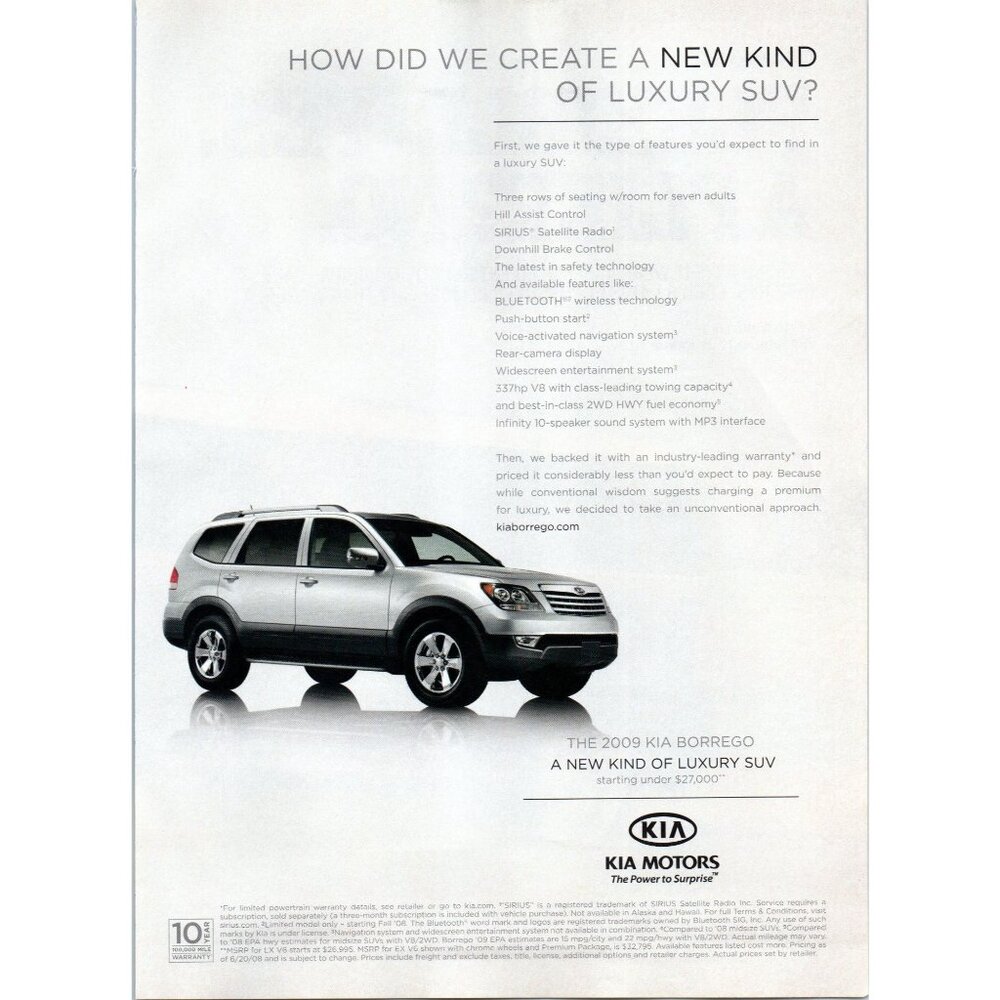 2009 Kia Borrego Full Size Luxury SUV Vintage Print Ad Man Cave Wall Art